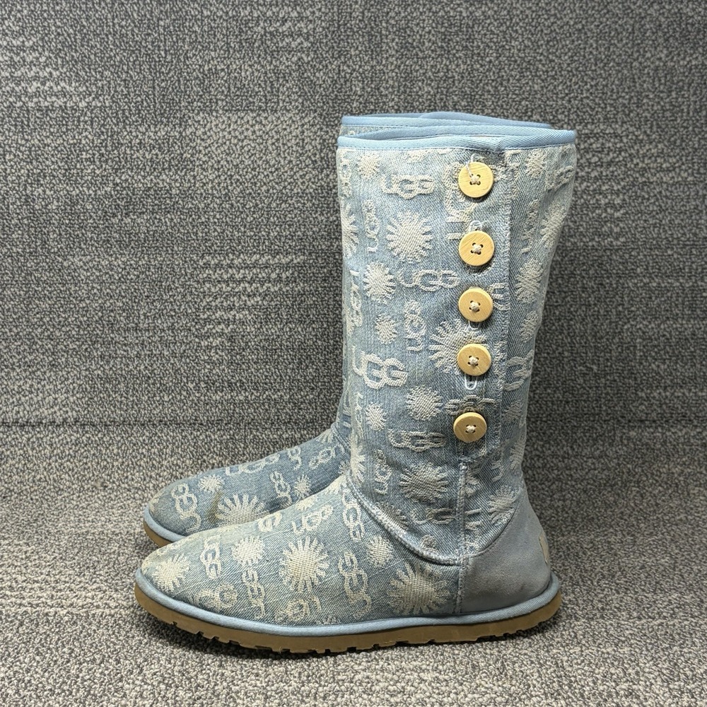 UGG Australia Womens 10 Blue Denim Logo Tall Boots Button Y2K 1000462